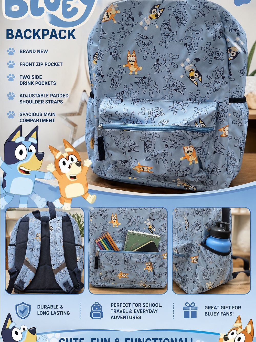 Bluey Kids Backpack - Light Blue Character Print